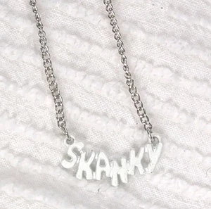 Vtg VALLEY GIRL Nameplate Necklace "SKANKY" 80s Slang Lingo Word Metal White - Picture 1 of 7