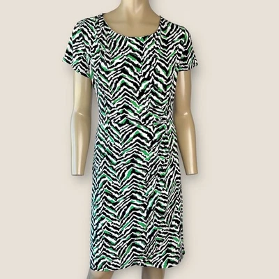 Dana Buchman Short Sleeve Ruched Faux Wrap Dress Stretchy Size L Zebra Stripes - Image 1 of 4