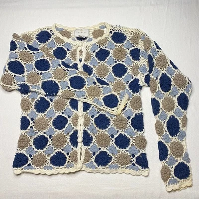 Suéter VINTAGE Express Tricot Mujer Talla M Beige Azul Tejido Abierto Abotonado Foto 1 de 4