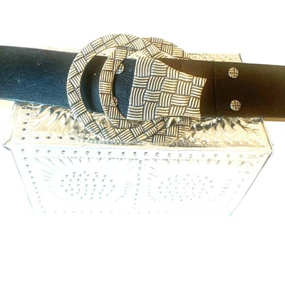 Chico's 皮革宽腰带 M/L 黑色双环银色扣可调节时尚 — 第 1/4 张图片