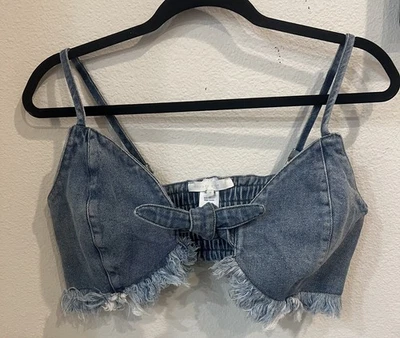 Bralette de mezclilla azul con flecos elásticos talla mediana Etophe Studios para mujer Foto 1 de 4