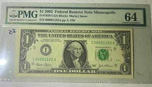 $1 2003 Low S/N 00001122 Fr#1929-I 1 I/A BLOCK MINNEAPOLIS PMG 64 Choice Unc - Picture 1 of 9