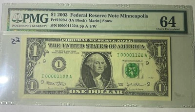 $1 2003 Low S/N 00001122 Fr#1929-I 1 I/A BLOCK MINNEAPOLIS PMG 64 Choice Unc - Image 1 of 4