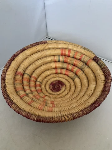 Vintage Southwestern Handwoven Coiled Basket Bowl 10" Red Green Cover