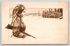 C Ryan~Lovely Lady Hunter~Winter Snow~Ski Cap~Gun Under Arm~Sepia Art c1909 - Picture 1 of 2