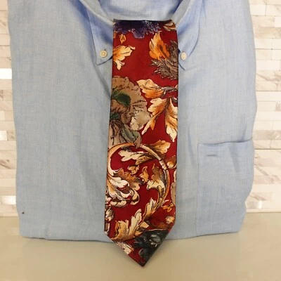 Acanthus Floral Tie Mens Red Botany Silk Satin Glossy WEMBLEY Starshine Prints - Image 1 of 4