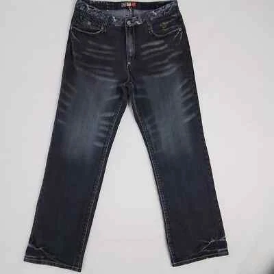 Jeans Akademiks Y2k Hip Hop tamanho 36x32 em preto desbotado com tema egípcio - Imagem 1 de 4