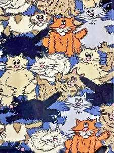 Silly Cats Kitten Fabric Cotton Bright Happy Black Blue Orange Tabby PIECE 35x33 - Picture 1 of 11