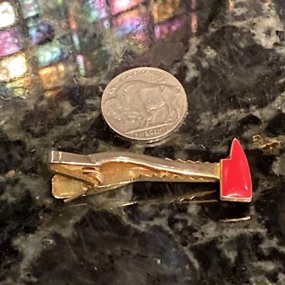 VNTG TIE CLIP FIREMAN 2" BAR FIREFIGHTER RED AXE FORMAL WEAR ACCESSORY GOLD TONE - Image 1 of 4