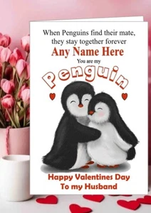Personalised Valentines Day Card Penguins love for life any name & relationship - Picture 1 of 6