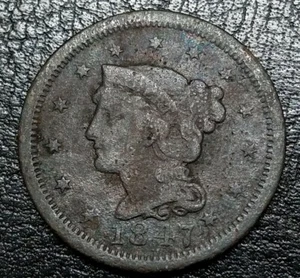 1847 P USA Large Cent Liberty geflochtenes Haar Großer Cent Kupfer Runde Münze - Bild 1 von 6