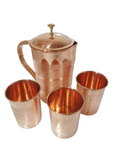 Pure Copper Indian Jug with 3 Tumbler Glass Set for Ancient Healing Water Drink