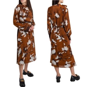 New Max Mara Studio Floral Silk Neck Tie Knee Length Dress Brown Womens Size 12 - Picture 1 of 8