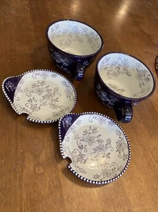 4pc TEMP-TATIONS Floral Lace Blue Set   22oz SOUP MEAL MUGS w/LID-IT TRAYS New - Picture 1 of 15