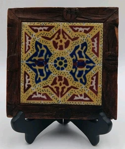 Vintage Mexican Tile Trivet hand carved Wood Frame Blue/Burgundy Square 6". - Picture 1 of 3
