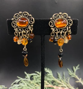 Vintage fall fashion bronzed, amber dangle, filigree work,  beaded post earrings - Picture 1 of 5