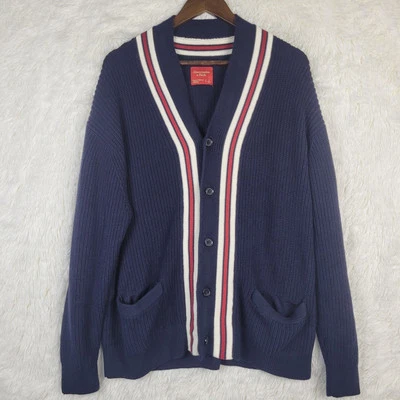 Abercrombie Mens L Navy Striped Oversized Cardigan Preppy Academia Varsity - Image 1 of 4