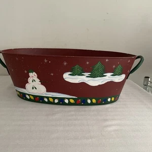 VTG Snowman Hand Tole Painted Decor Metal Christmas Tin Bucket handles Oval 18” - Picture 1 of 14