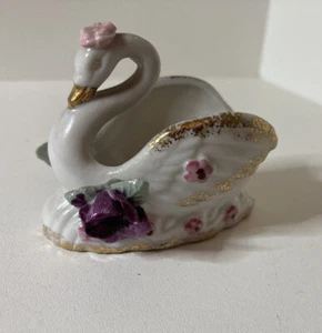 Tazón de baratija cisne vintage blanco con adornos dorados rosas rosadas hecho en Japón MCM - Imagen 1 de 7