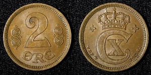 Denmark Christian X Bronze 1915 VBP; GJ 2 Ore UNC KM# 813.1 (27 692) - Picture 1 of 3