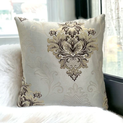 DAMASK Grey Cream Embossed Cushion Cover Jacquard 18x18" Quality Fabric - Image 1 of 4