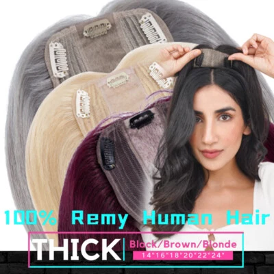 Clip In Remy Human Hair Silk Top Mono LACE Topper Hairpiece Women's Bangs Toupee - Image 1 of 4