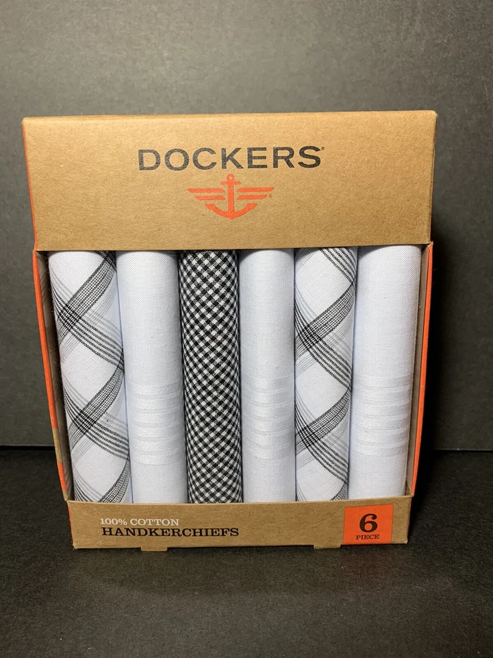 Juego de 6 pañuelos Dockers para hombre 100 % algodón tonos blancos negros NUEVO SIN ABRIR Foto 1 de 4