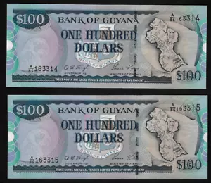GUYANA (2) AUFEINANDERFOLGENDE BANKNOTEN 100 DOLLAR ND (1999) P 31 UNZIRKULIERT - Bild 1 von 2