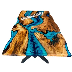 olive wood epoxy dining table | Turquoise Blue Epoxy Table | Live Edge Epoxy Din - Picture 1 of 14