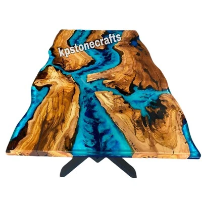 olive wood epoxy dining table | Turquoise Blue Epoxy Table | Live Edge Epoxy Din - Image 1 of 4