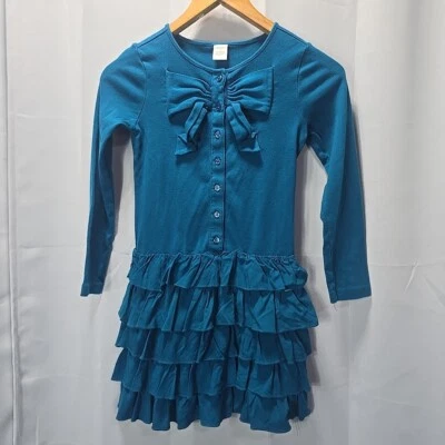 Gymboree Girls 8 Tiered Button Up Ruffle Dress With Bow Teal Blue LS Drop Waist - Image 1 of 4