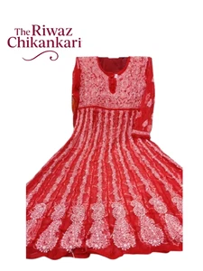 Chikankari Kurti Rosso da Donna | Handmade Lucknowi Ricamato Anarkali Kurta - Foto 1 di 6