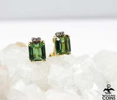 Pendientes traseros sin perforar de turmalina de 5,08 quilates de oro amarillo de 18 quilates y diamantes de 0,10 quilates Foto 1 de 4