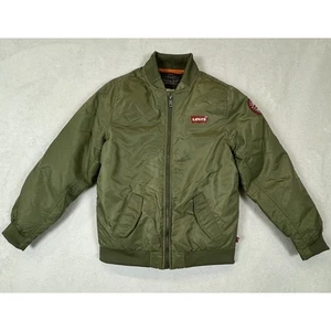 Levi's Bomber Jacket Boys Youth Sz L 12 Green Nylon Logo Embroidered Patch Zips - Picture 1 of 7
