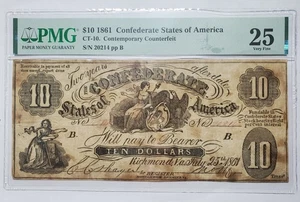 1861 $10 Confederate States of America CT-10 Contemporary Counterfeit PMG 25 - Picture 1 of 7