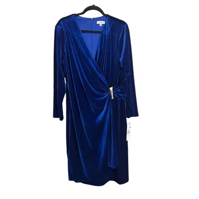 Calvin Klein Faux Wrap Dress Velvet Size 16W Royal Blue Long Sleeve Elegant NWT - Image 1 of 4
