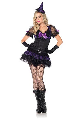 Sexy Halloween Adult Black Magic Babe Witch Costume w Mini Hat Headband - Image 1 of 2
