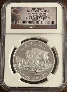 2014 Canada $20 1oz Fine Silver The Bison A Family at Rest ER NGC PF 70 UC - Picture 1 of 2