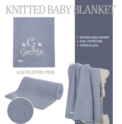 Personalised Baby Boys Knitted Blanket STARS Toddler Pram Cot Stroller Blanket - Image 1 of 3