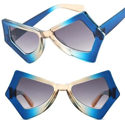 Gafas de sol únicas vanguardistas geométricas irregulares ojo de gato con marco azul de dos tonos Foto 1 de 3