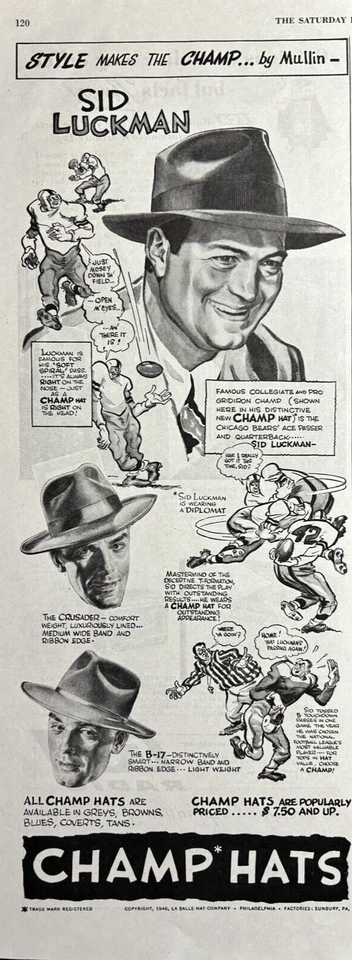 1946 Champ Hats Lasalle Company Sid Luckman Football B-17 Vintage Print Ad - Image 1 of 1