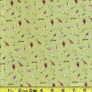Light Olive Green Fisherman Trail Sport Fishhook Lure 100% Cotton Fabric BTY - Picture 1 of 1