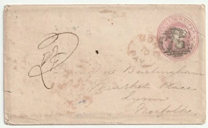 1853 1d PINK ENV =75= BIRMINGHAM NUMERAL RED MORE TO PAY >DANIEL BURLINGHAM LYNN - Picture 1 of 2
