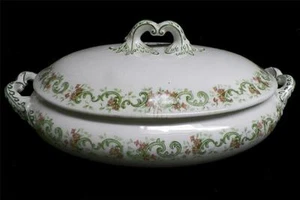 Vintage Ridgway China Covered Serving Bowl Celtic Green w/Pink Flowers England - Picture 1 of 8