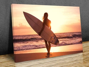 Silhouette of beautiful surfer girl mounted canvas print ready to hang - Picture 1 of 7
