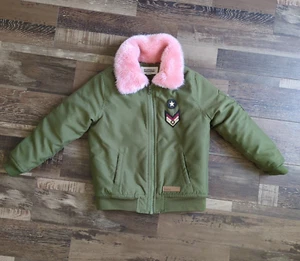 Buffalo Military Pilot Jacket Girls 4T Green Pink Fur Outdoors Winter Coat - Picture 1 of 10