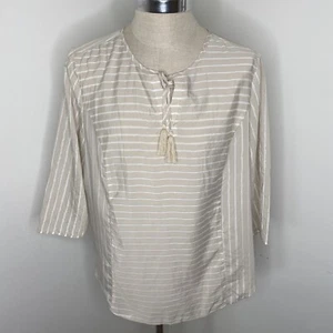 New Chicos Womens Tunic Top Tan White Striped Shirt XL 3 Tie Neck Metallic - Picture 1 of 8