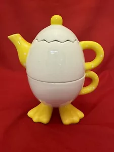 Ganz Bella Casa Tea For One Ceramic Egg with Duck Feet 3 Pieces 7" Tea Pot, Cup - Picture 1 of 7