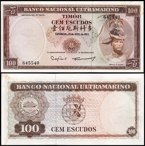 Timor 100 Escudos 1963, UNC, with Oxide Spots, P-28 Cover