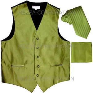 New Men's Tuxedo Vest Vertical Stripes 2.5" Skinny Necktie set Spinach Green - Picture 1 of 4